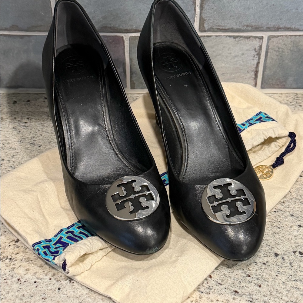 Tory Burch Black Heels with Silver Logo